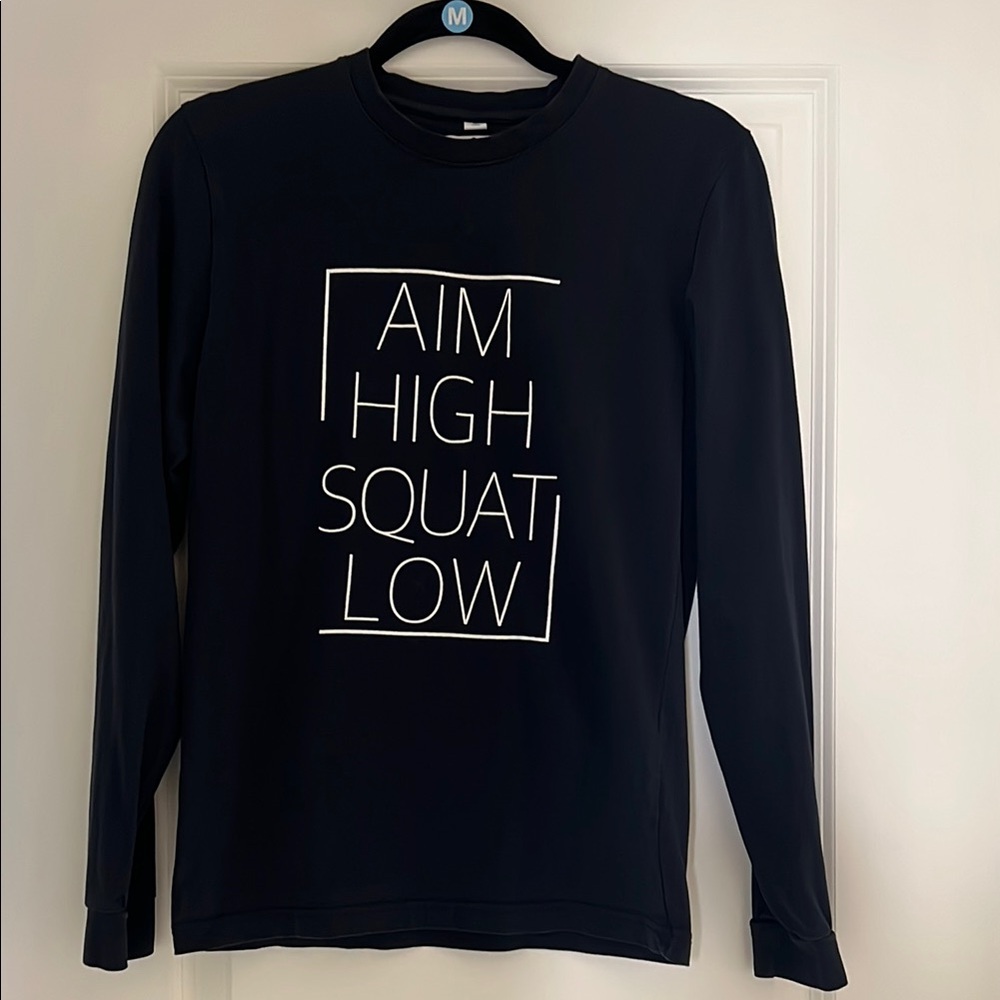 Black Long Sleeve Tee with Motivational Print "Aim High Squat Low" Graphic Tee